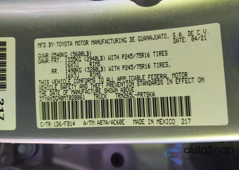 2021 Toyota Tacoma Sr from USA, damaged, VIN 3TYAX5GN0MT020061